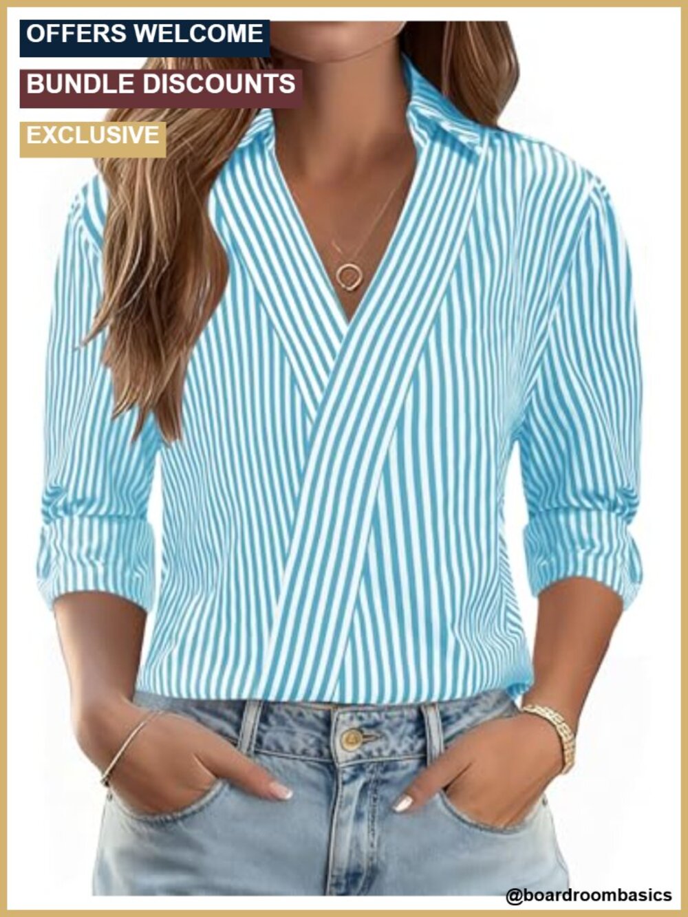 Women's 3/4 Sleeve V-Neck Collared Blouse Cotton Blend Business Casual Top